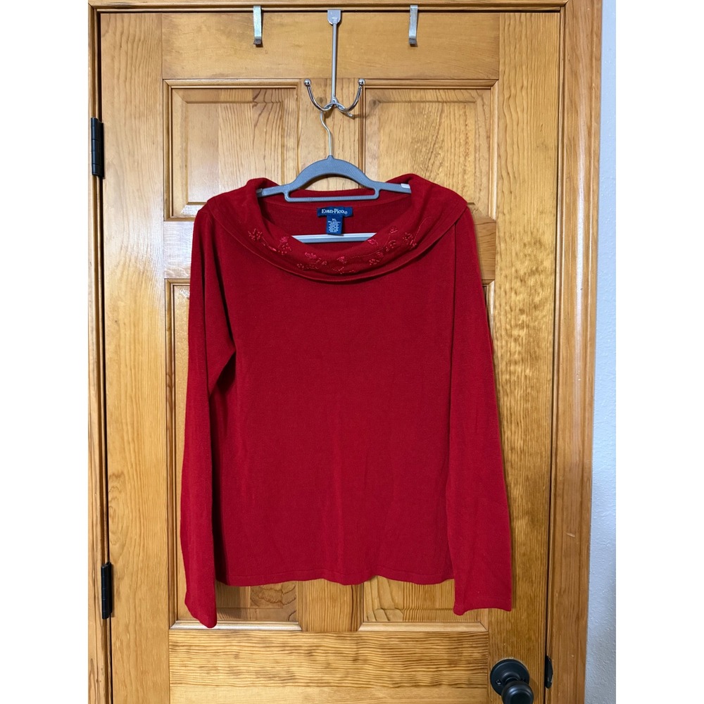 Evan Picone Red Long Sleeve Sweater Embellished Collar Size XL